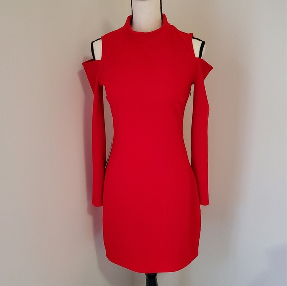 Express Ribbed Cold Shoulder Mock Neck Red Dress - Picture 2 of 10